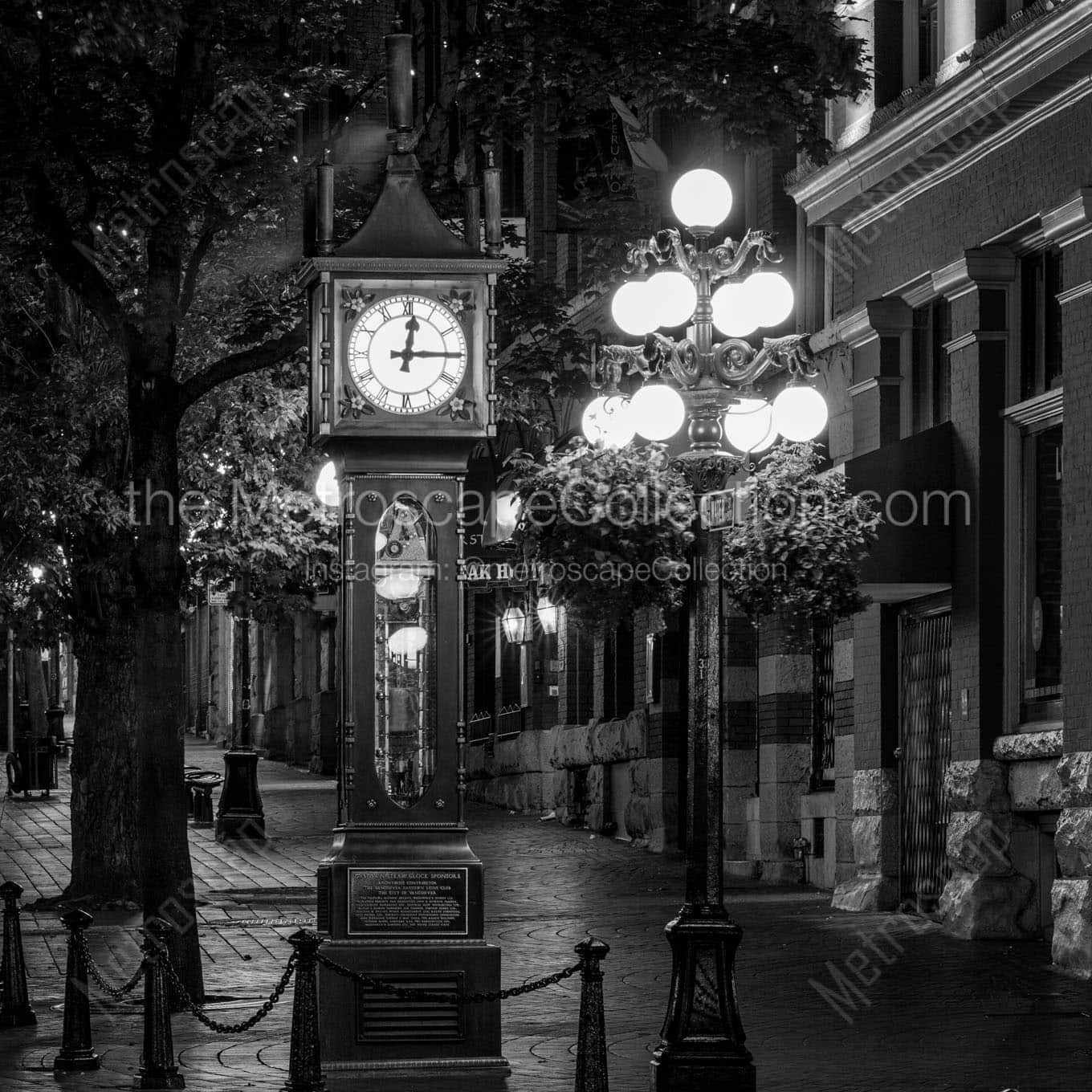 gastown steam clock water street at night Black & White Wall Art