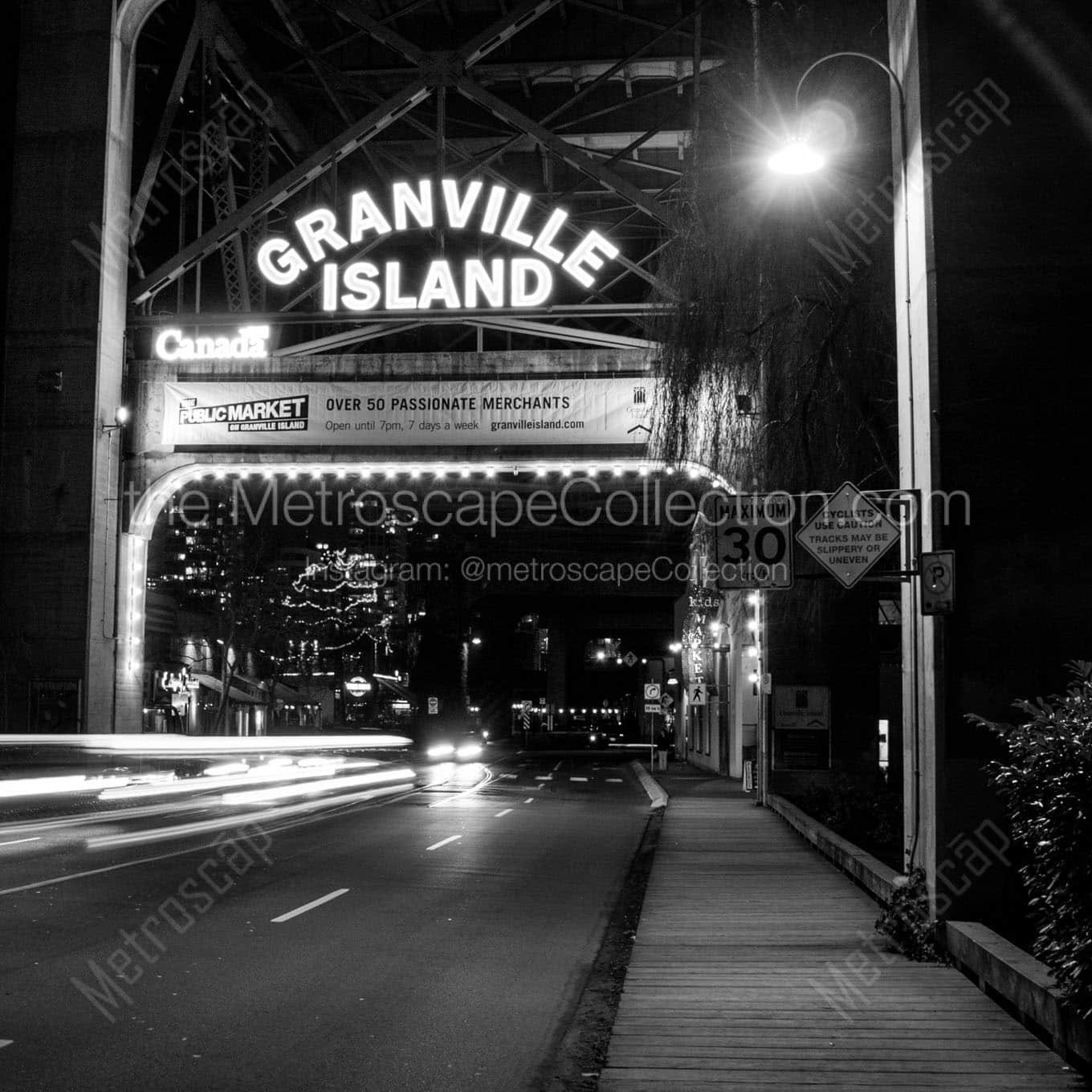 granville island sign at night Black & White Wall Art