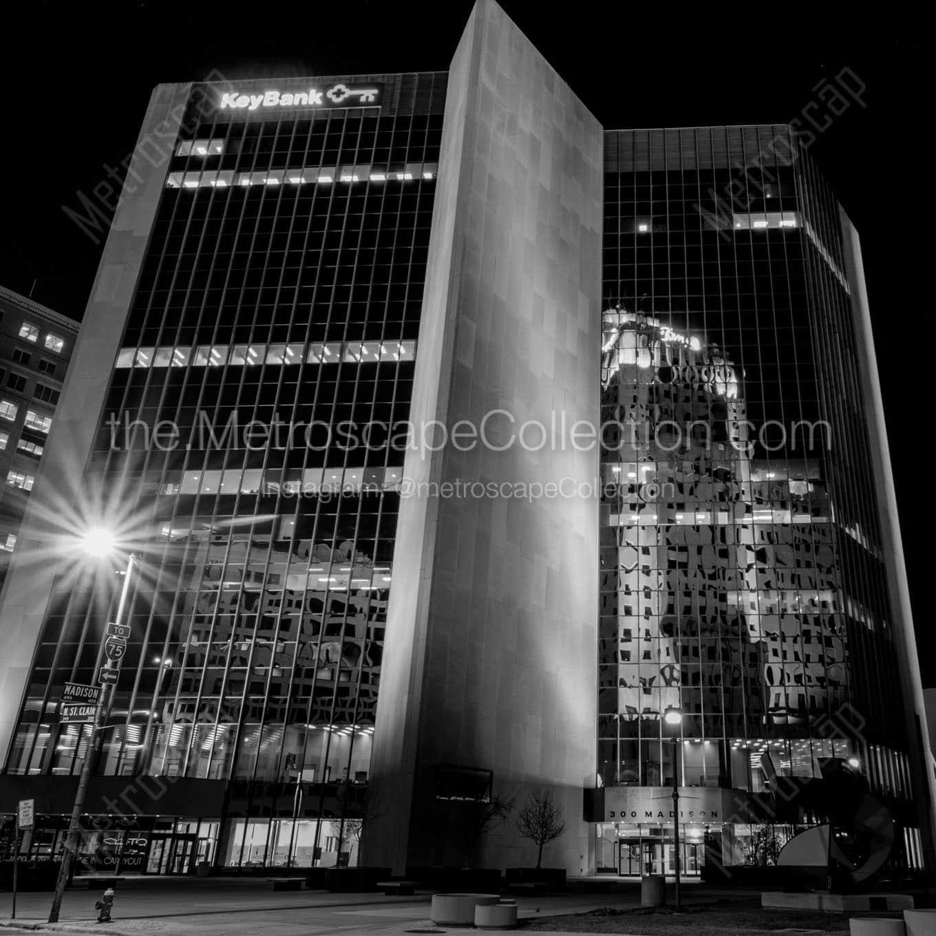 300 madison downtown toledo at night Black & White Wall Art