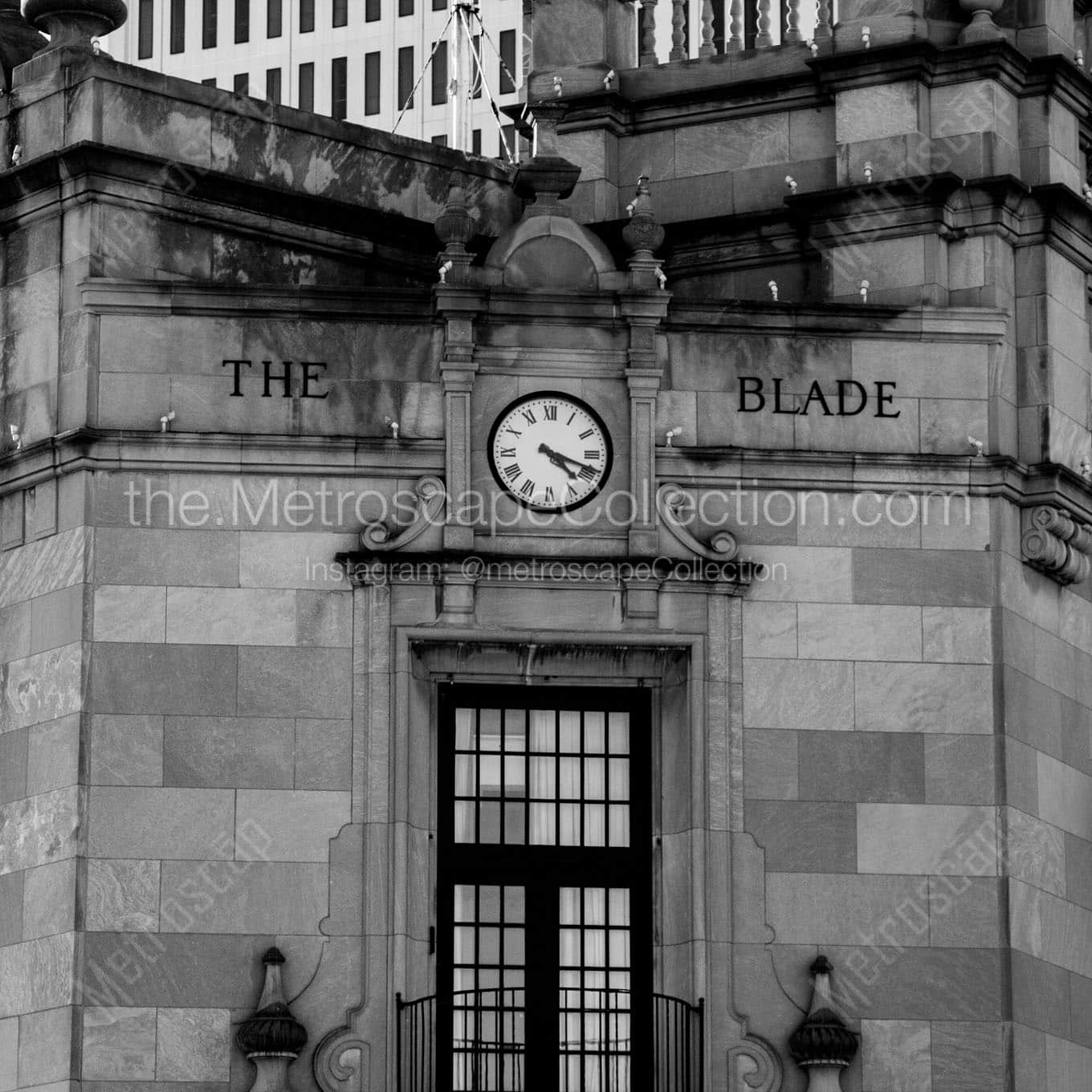 420pm toledo blade building clock Black & White Wall Art