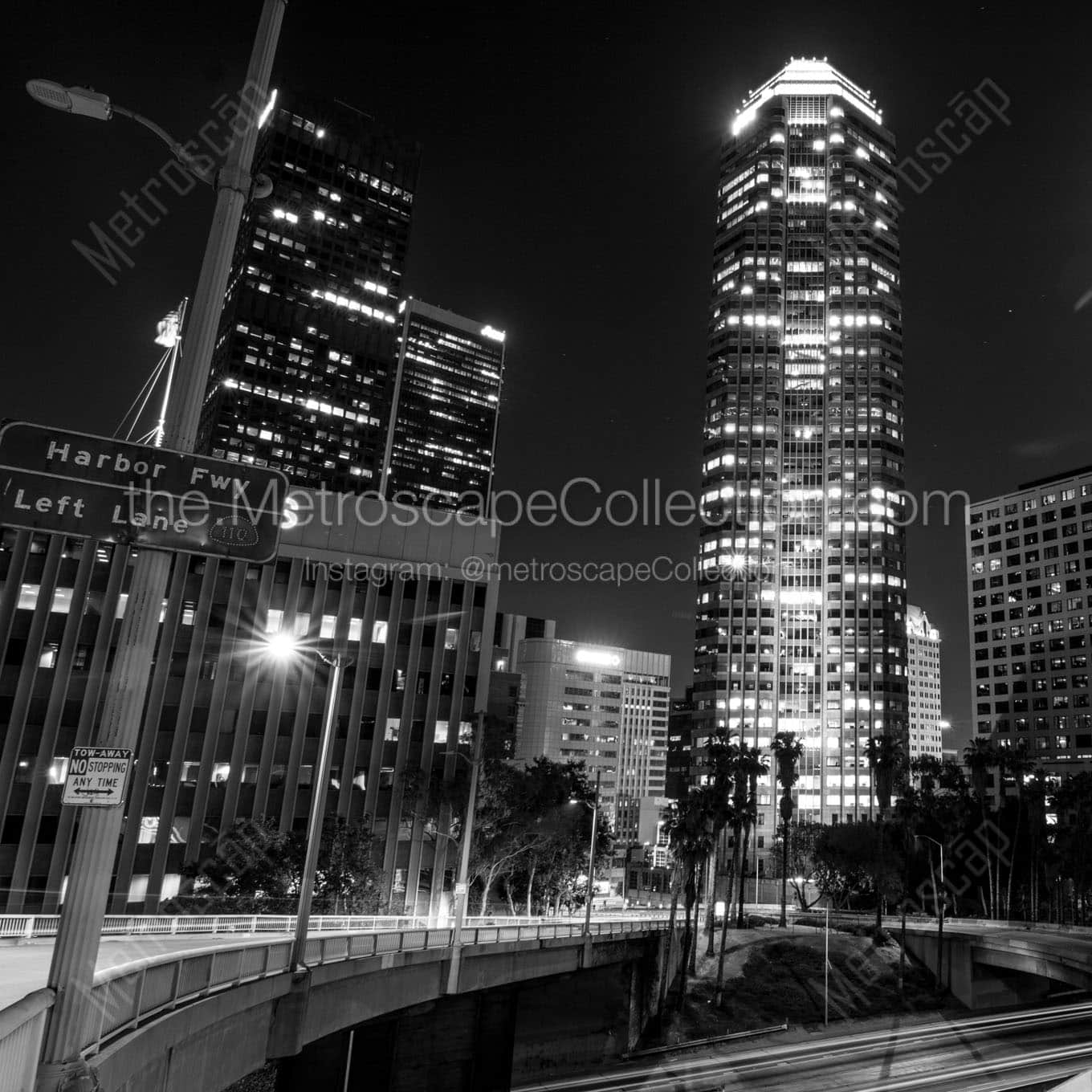 6th street at the 110 downtown la skyline at night Black & White Wall Art