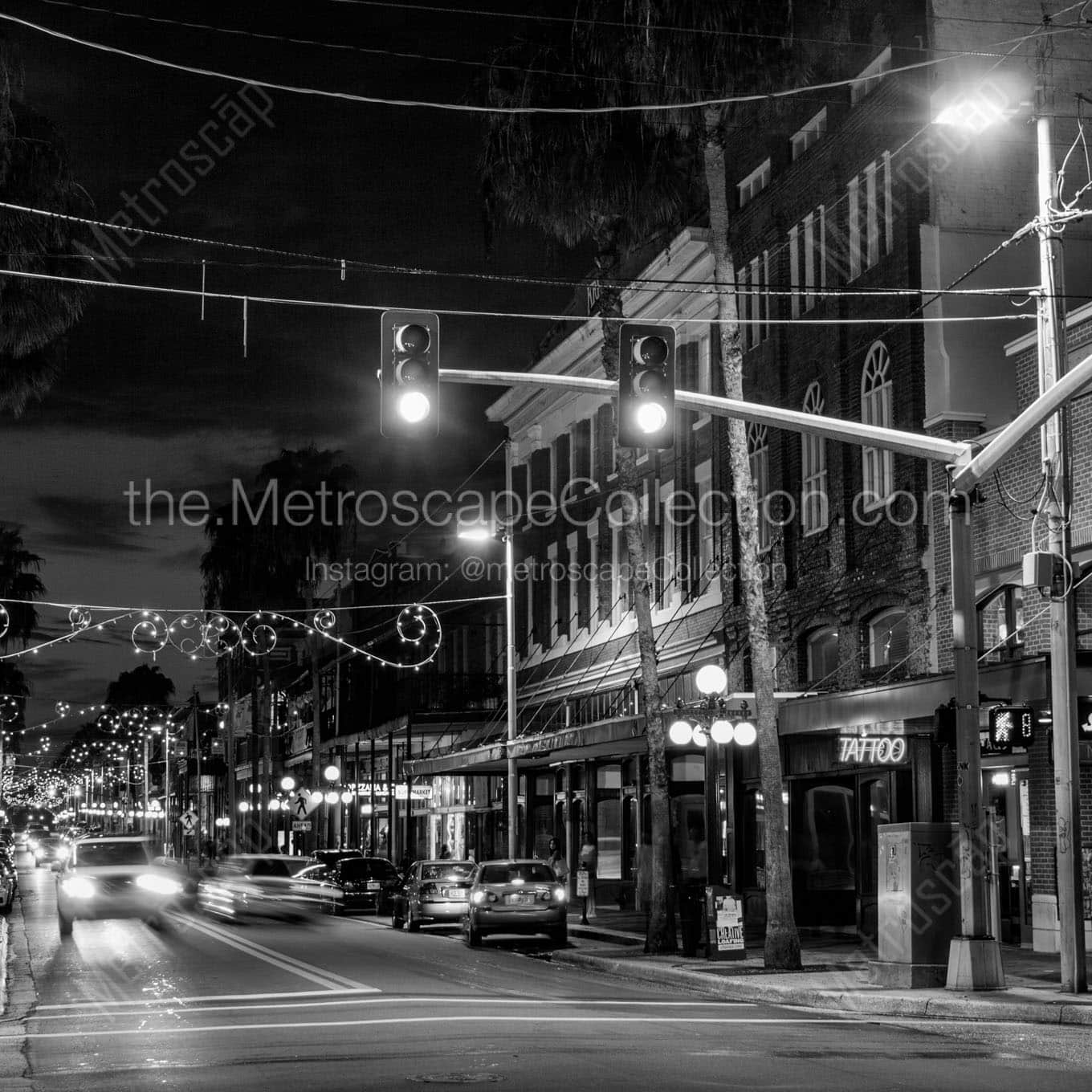 7th ave ybor city at night Black & White Wall Art