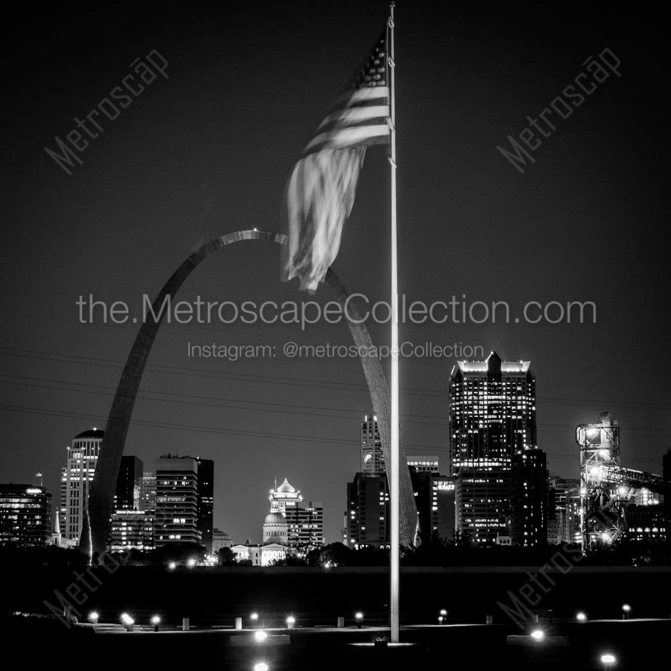 american flag st louis arch at night Black & White Wall Art