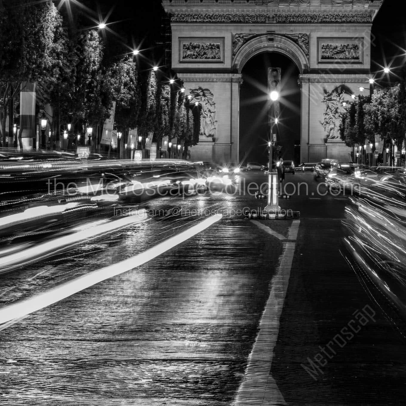 arc de triomphe on champs elysees at night Black & White Wall Art