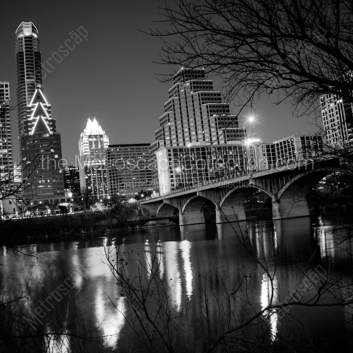 austin skyline and congress ave bridge Black & White Wall Art