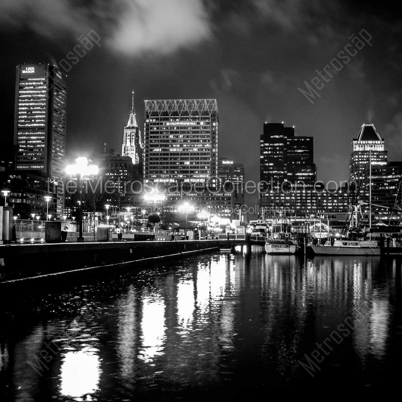 baltimore skyline inner harbor at night Black & White Wall Art