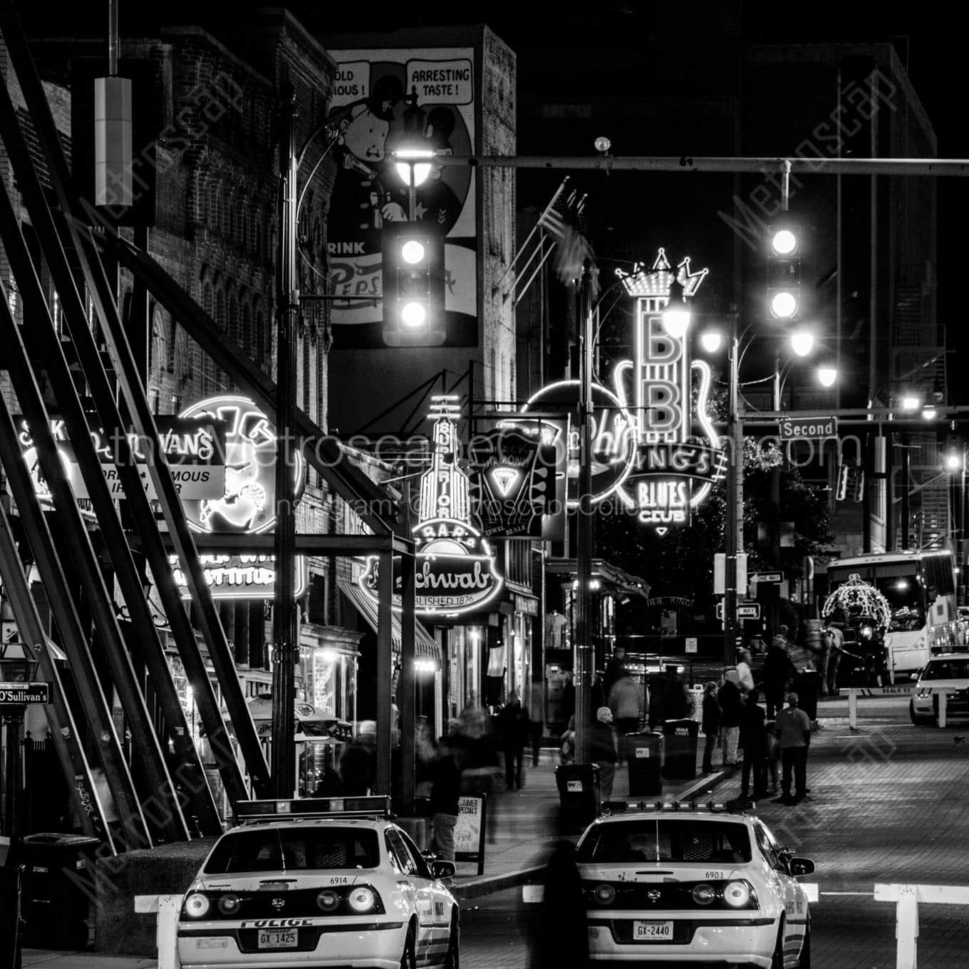 beale street at night memphis police Black & White Wall Art