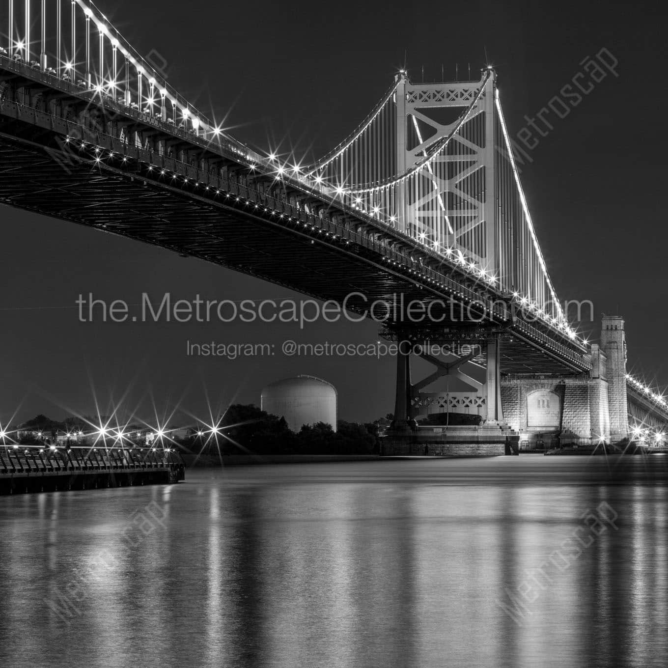 ben franklin bridge at night delaware river camden nj Black & White Wall Art