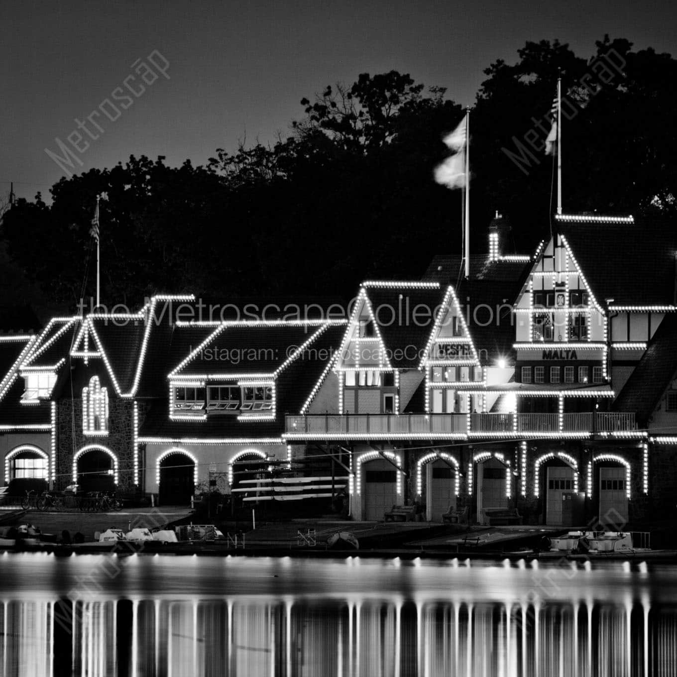 boathouse row at night malta row club Black & White Wall Art