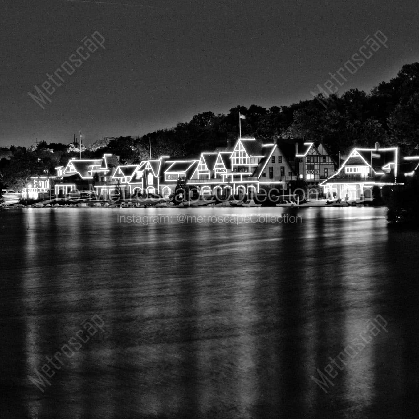 boathouse row on schuylkill river at night Black & White Wall Art