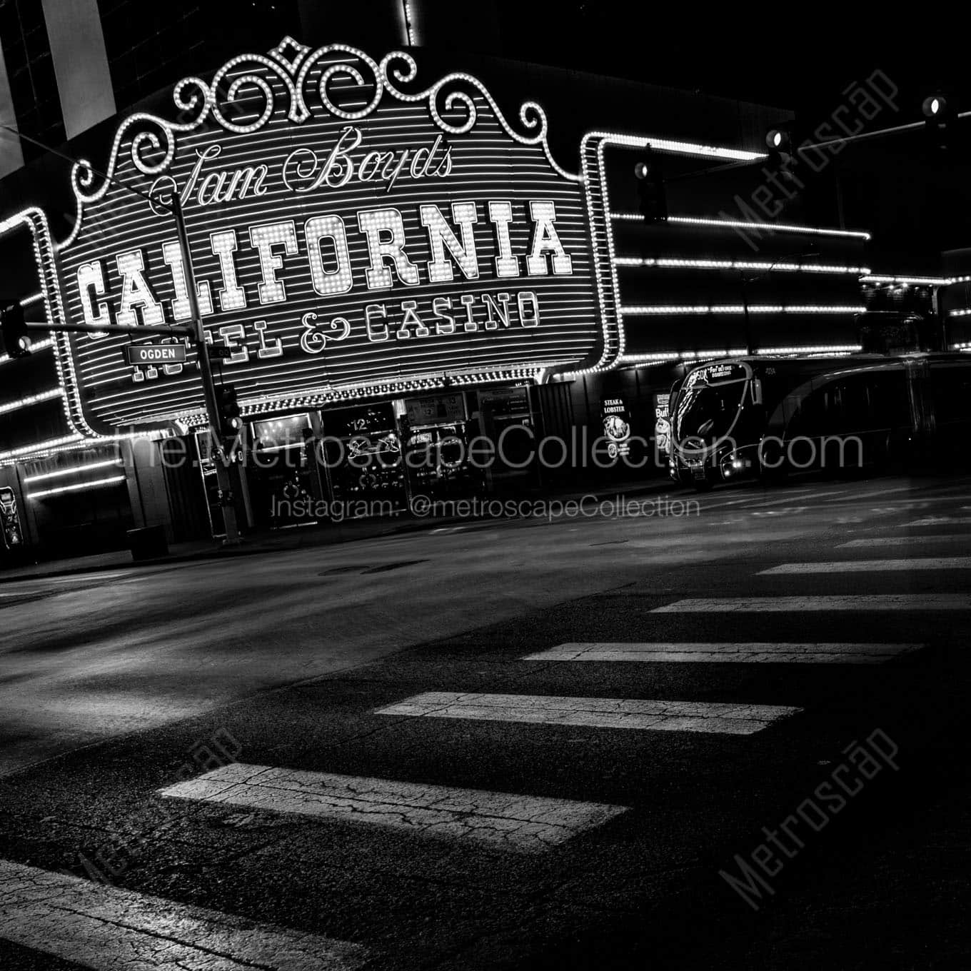 california casino sign at night Black & White Wall Art