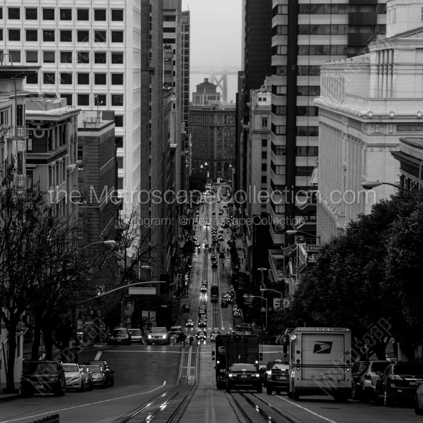 california street downtown san francisco Black & White Wall Art