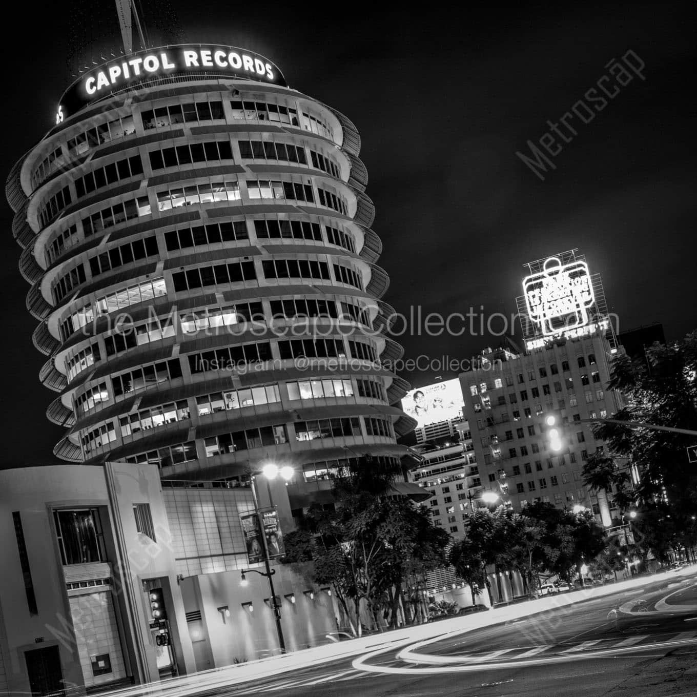 capitol records building at night Black & White Wall Art
