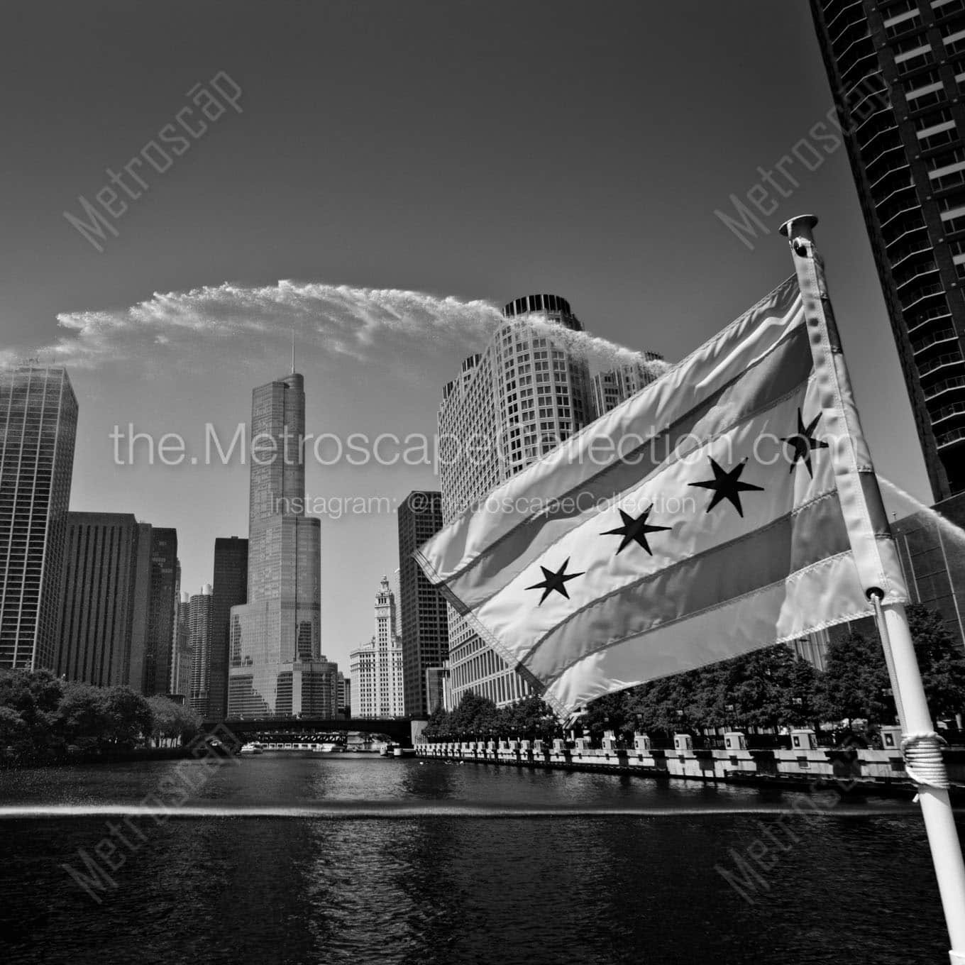 centennial fountain over chicago river Black & White Wall Art