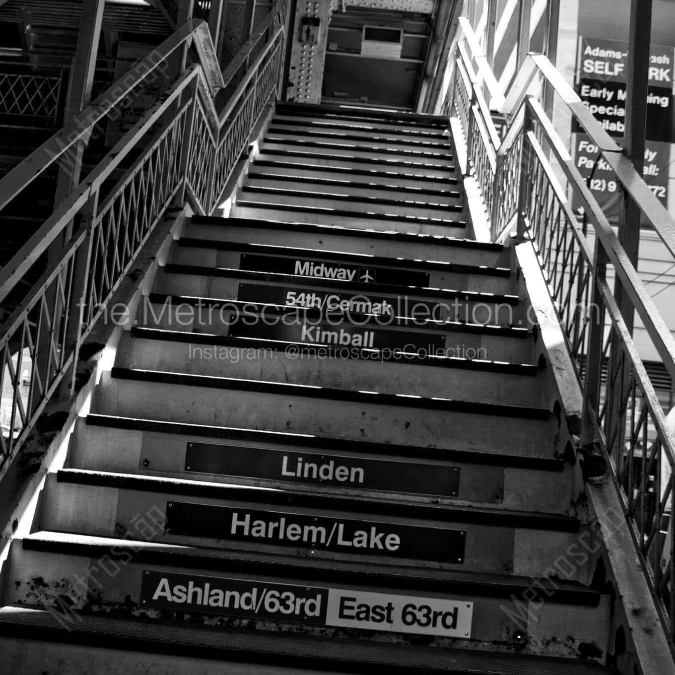 chicago l train stairs Black & White Wall Art