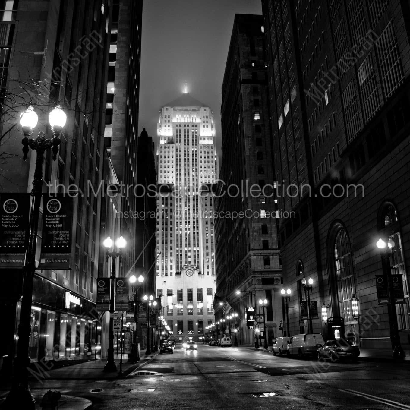 chicago board of trade building at night Black & White Wall Art
