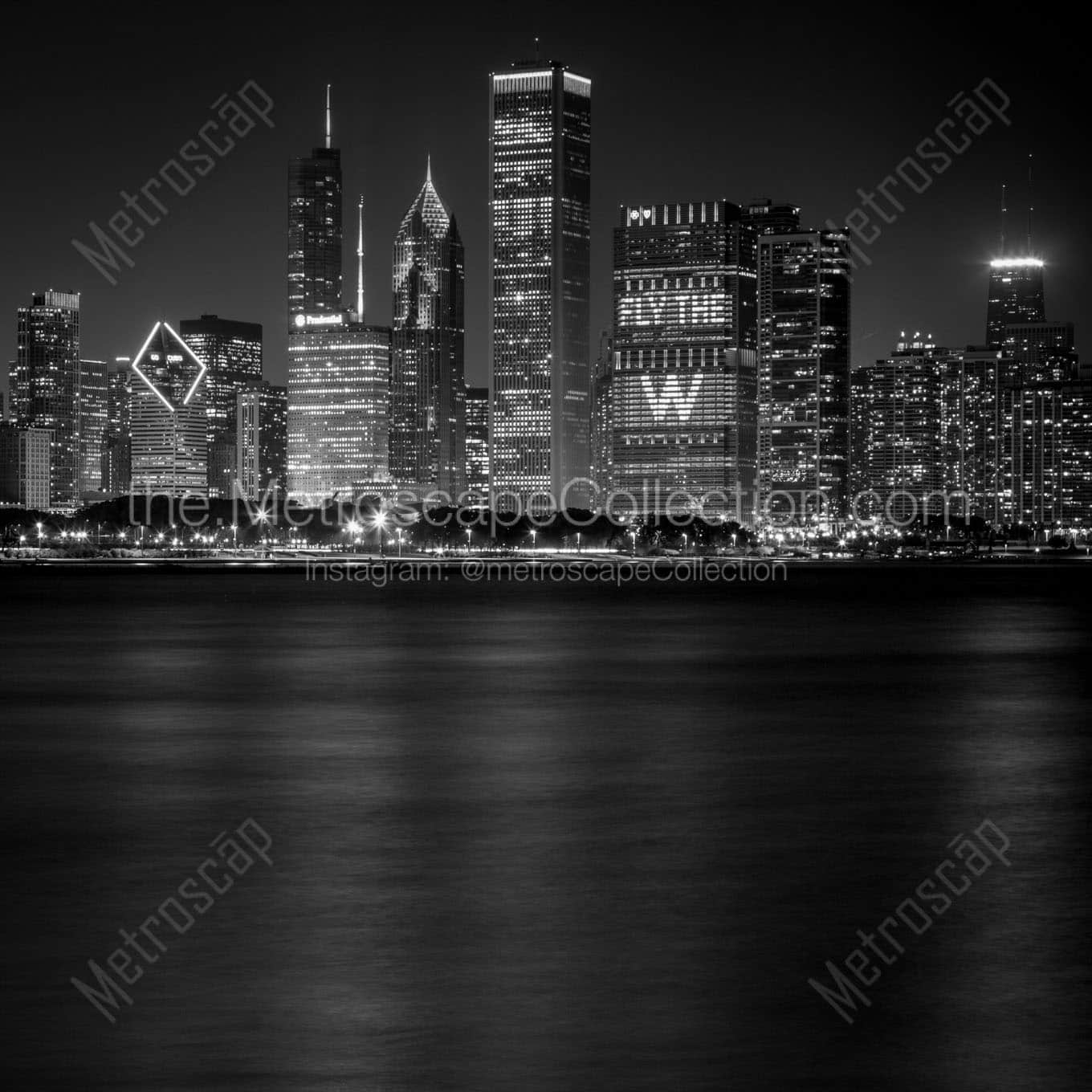 chicago skyline at night 2016 world series Black & White Wall Art