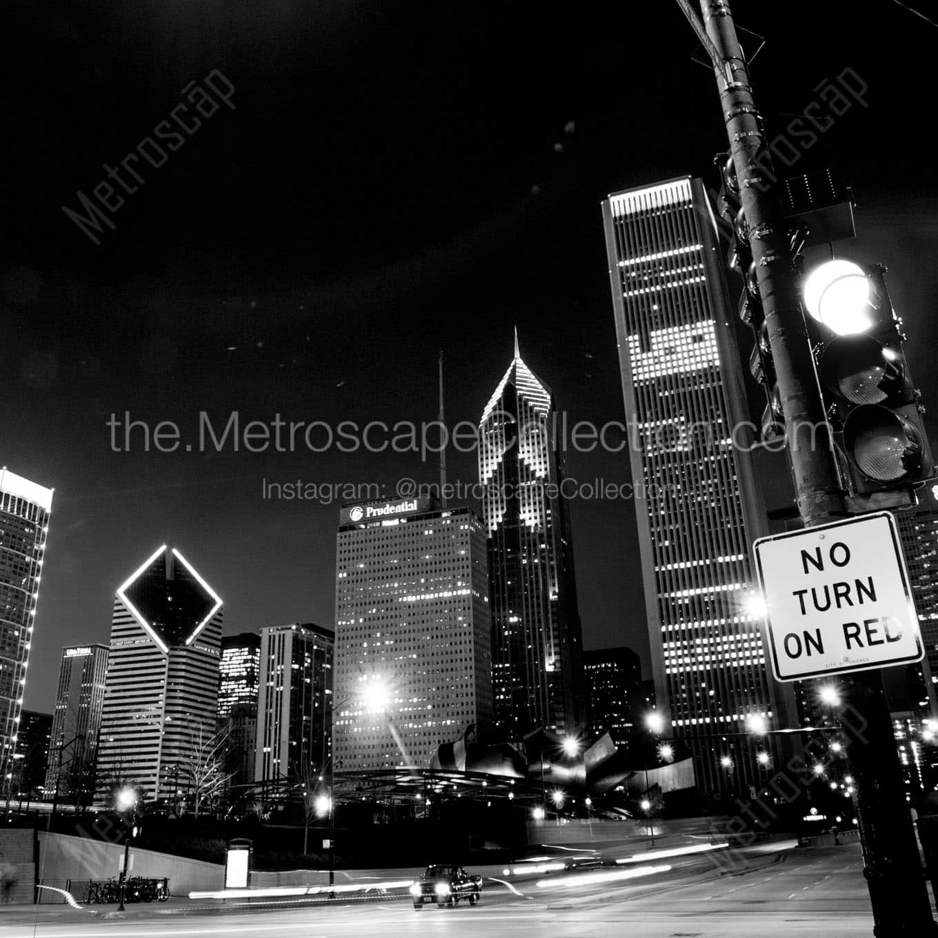 chicago skyline at night from columbus drive Black & White Wall Art