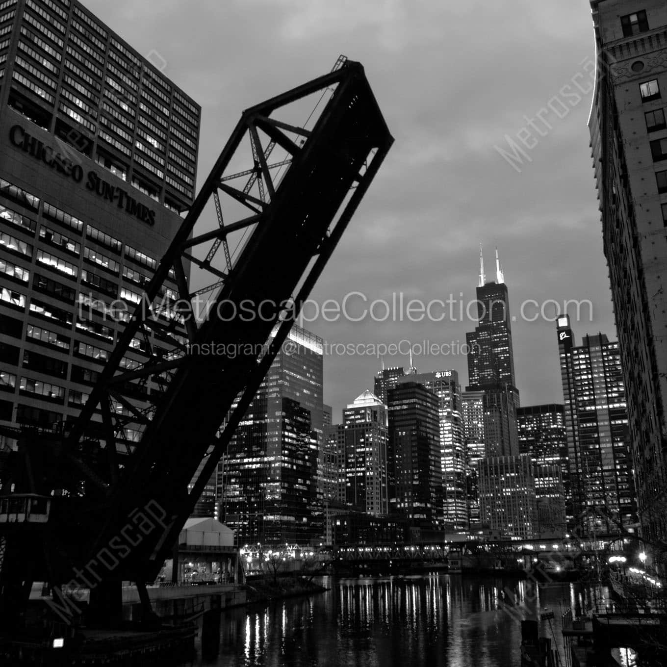 chicago skyline from kinzie street bridge Black & White Wall Art