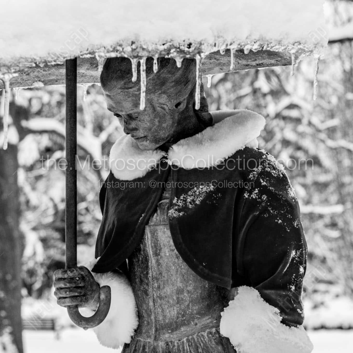 christmas shawl umbrella girl fountain german village Black & White Wall Art