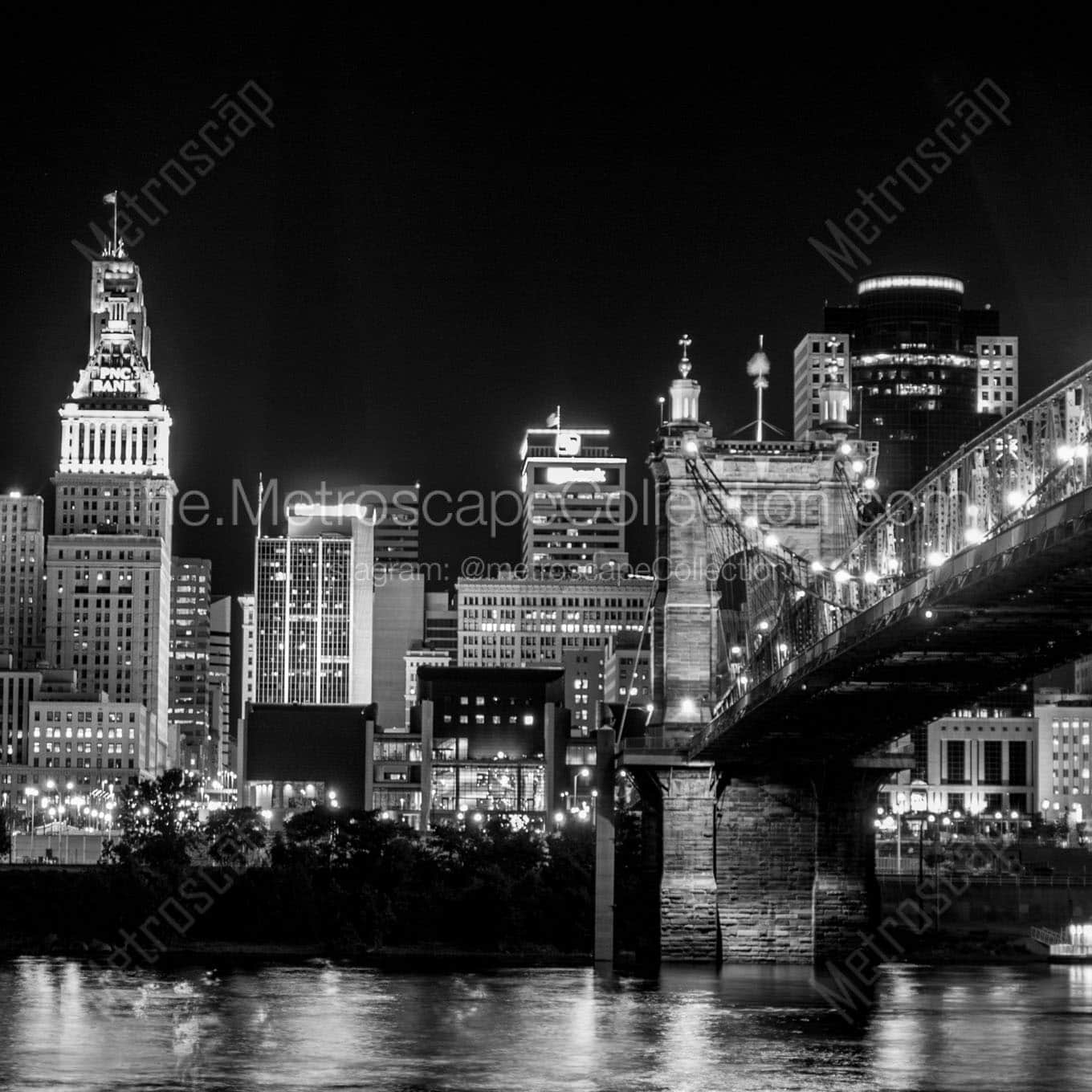 cincinnati skyline covington with roebling bridge Black & White Wall Art