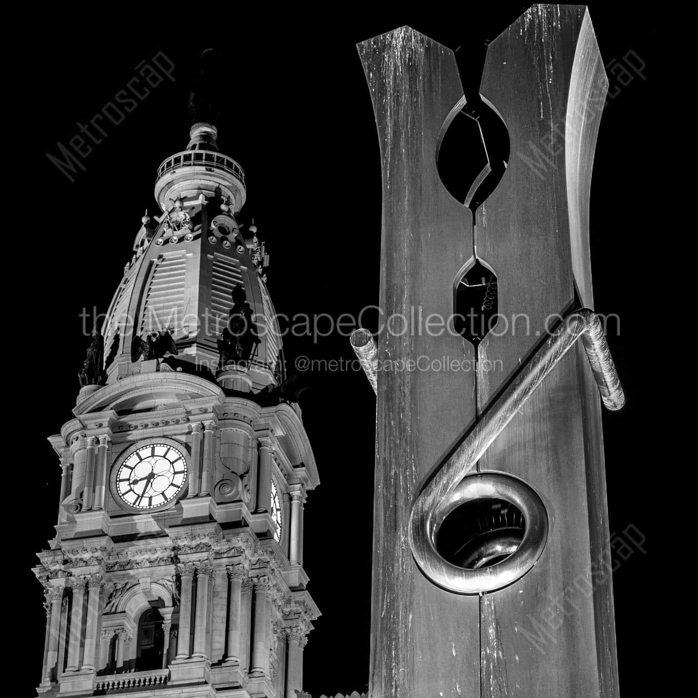 city hall tower and clothespin Black & White Wall Art
