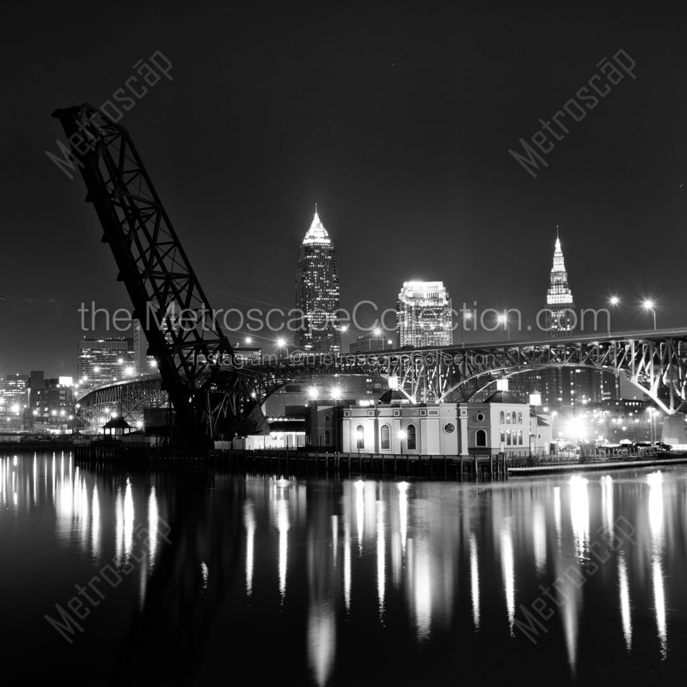 cleveland ohio skyline at night lake erie Black & White Wall Art