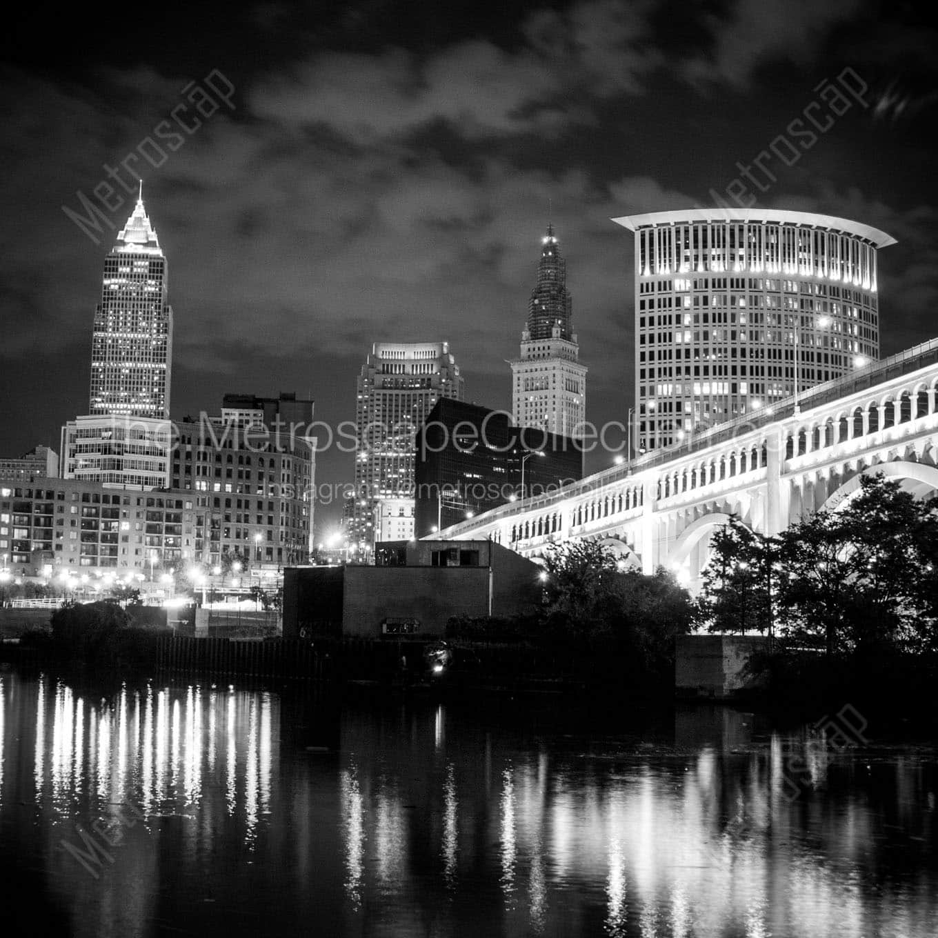 cleveland skyline at night Black & White Wall Art