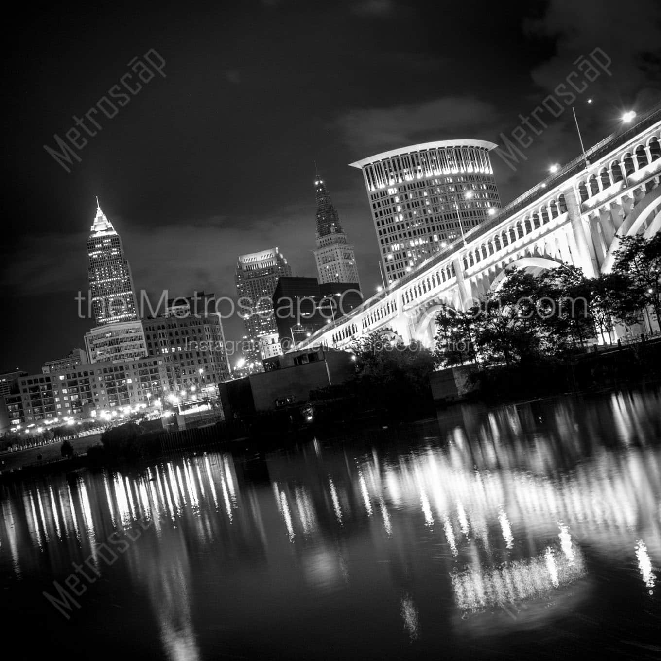 cleveland skyline at night tilted Black & White Wall Art