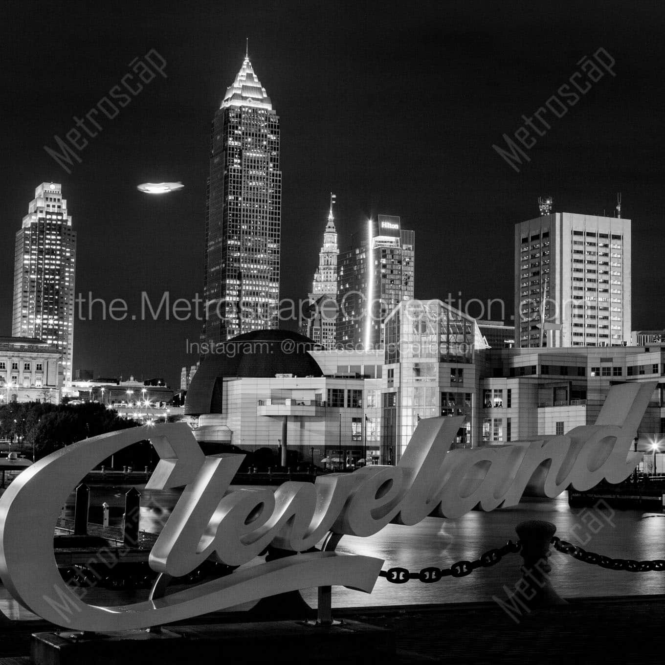 cleveland skyline cleveland sign at night Black & White Wall Art