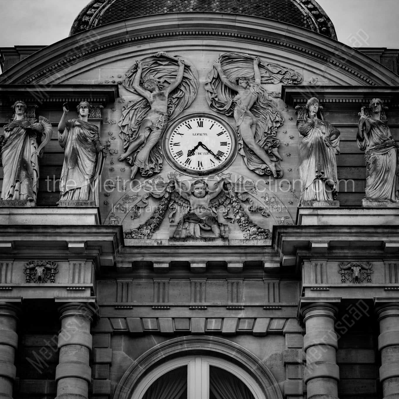 clock atop french senate building Black & White Wall Art