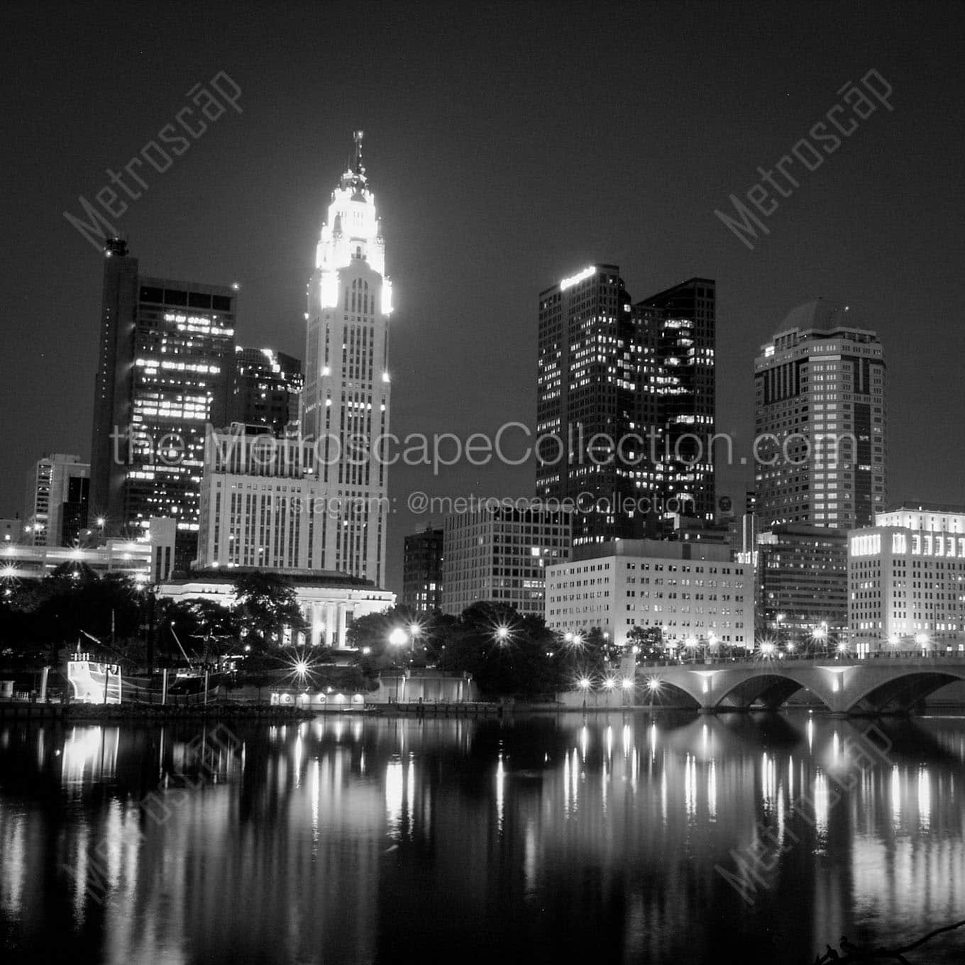 columbus skyline at night Black & White Wall Art