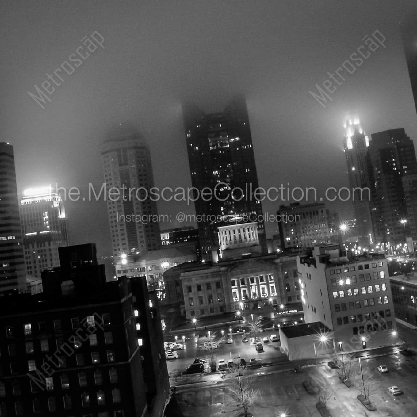 columbus skyline at night in fog Black & White Wall Art