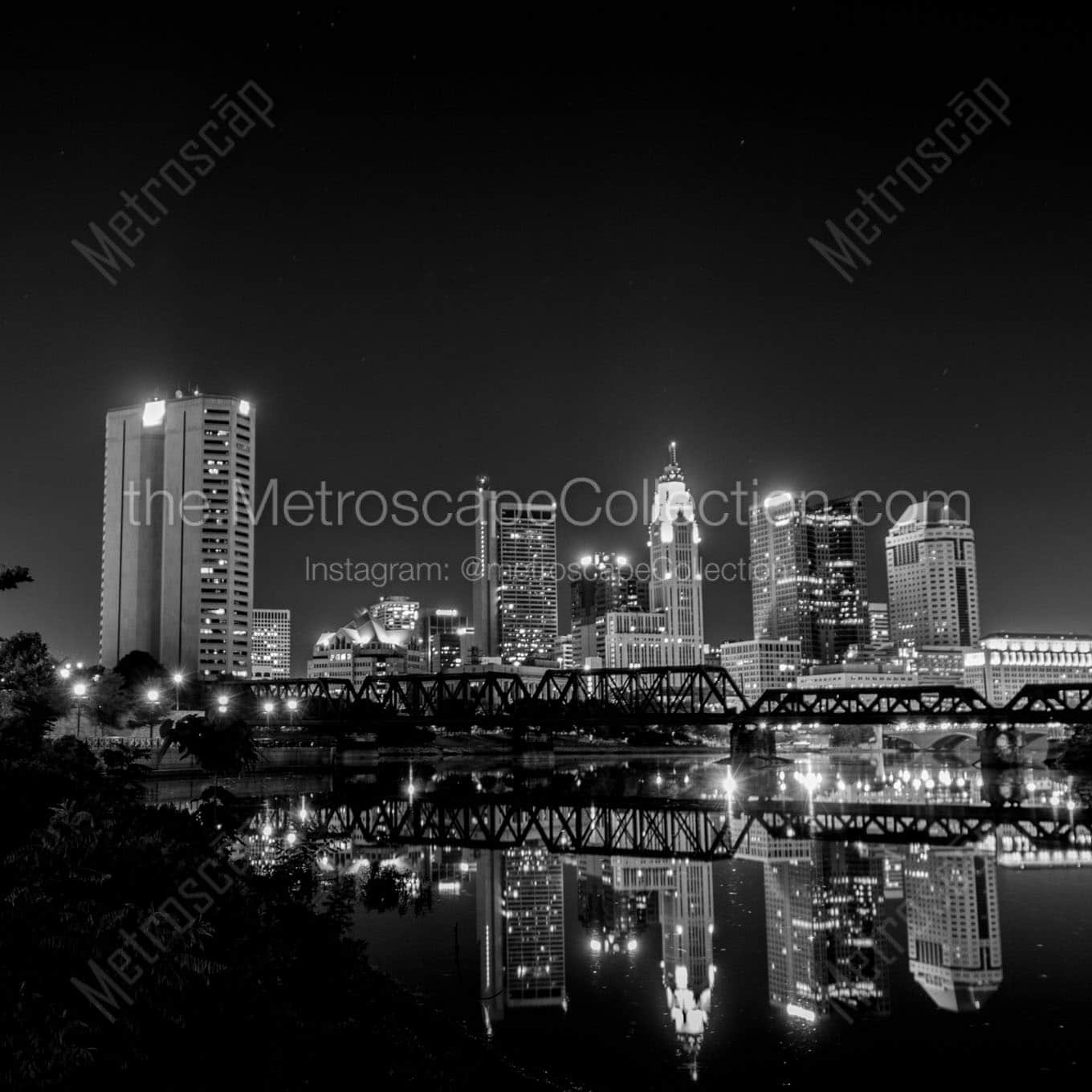 columbus skyline reflecting in scioto river at night Black & White Wall Art