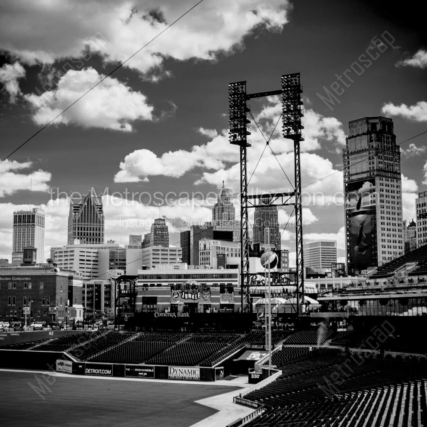 comerica park detroit skyline Black & White Wall Art