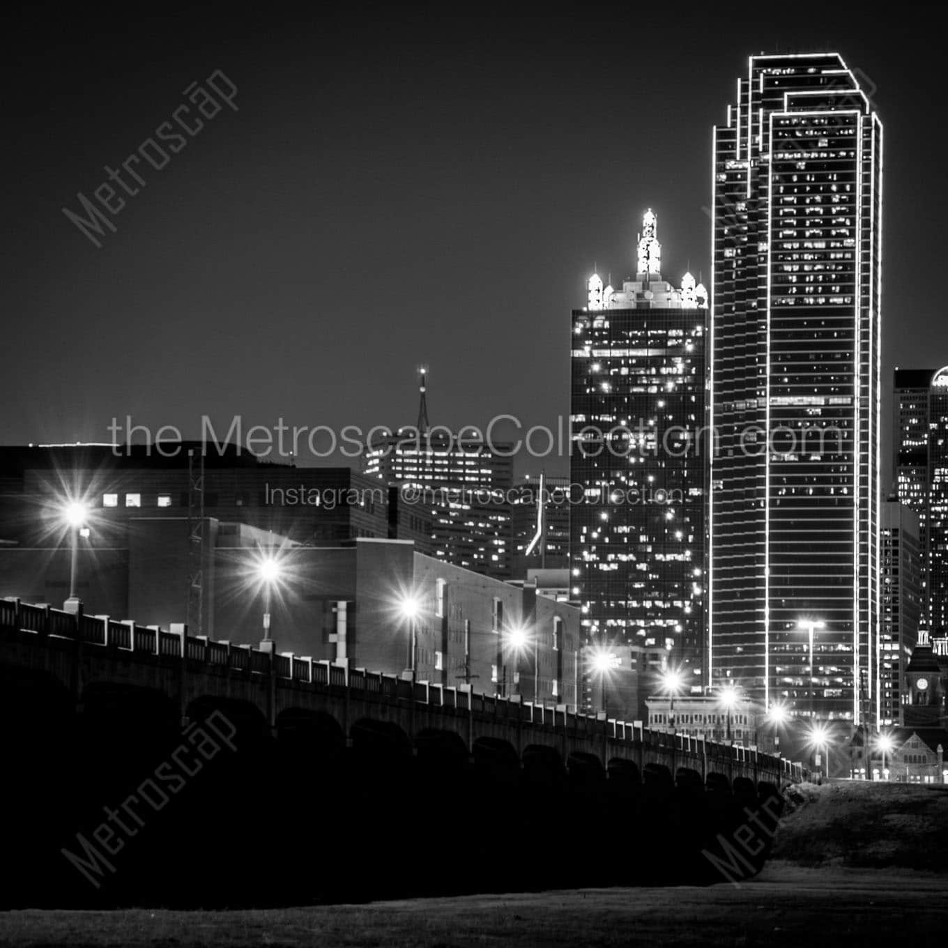 commerce street dallas texas at night Black & White Wall Art