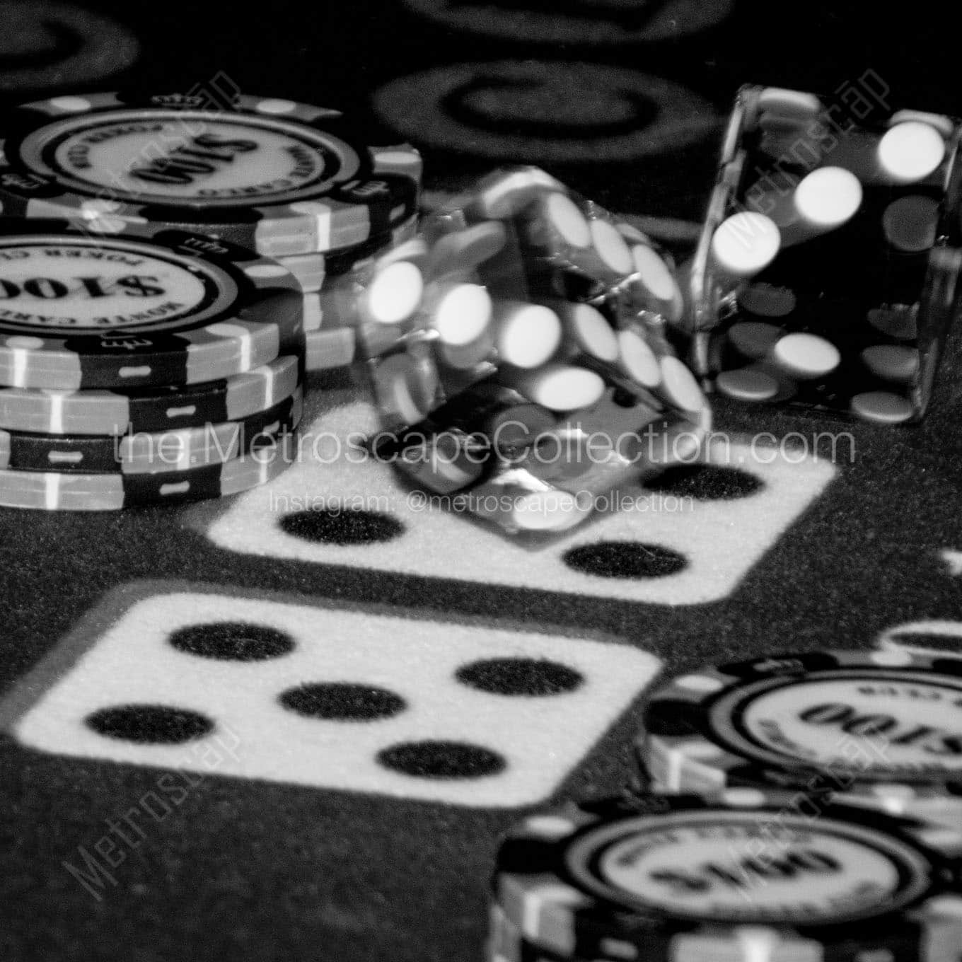 craps table rolling dice Black & White Wall Art