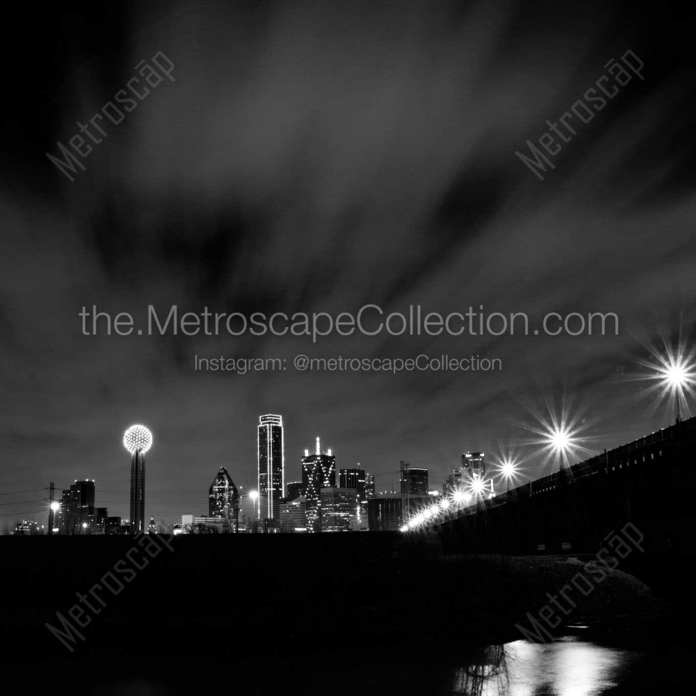 dallas skyline from trinity riverbed Black & White Wall Art