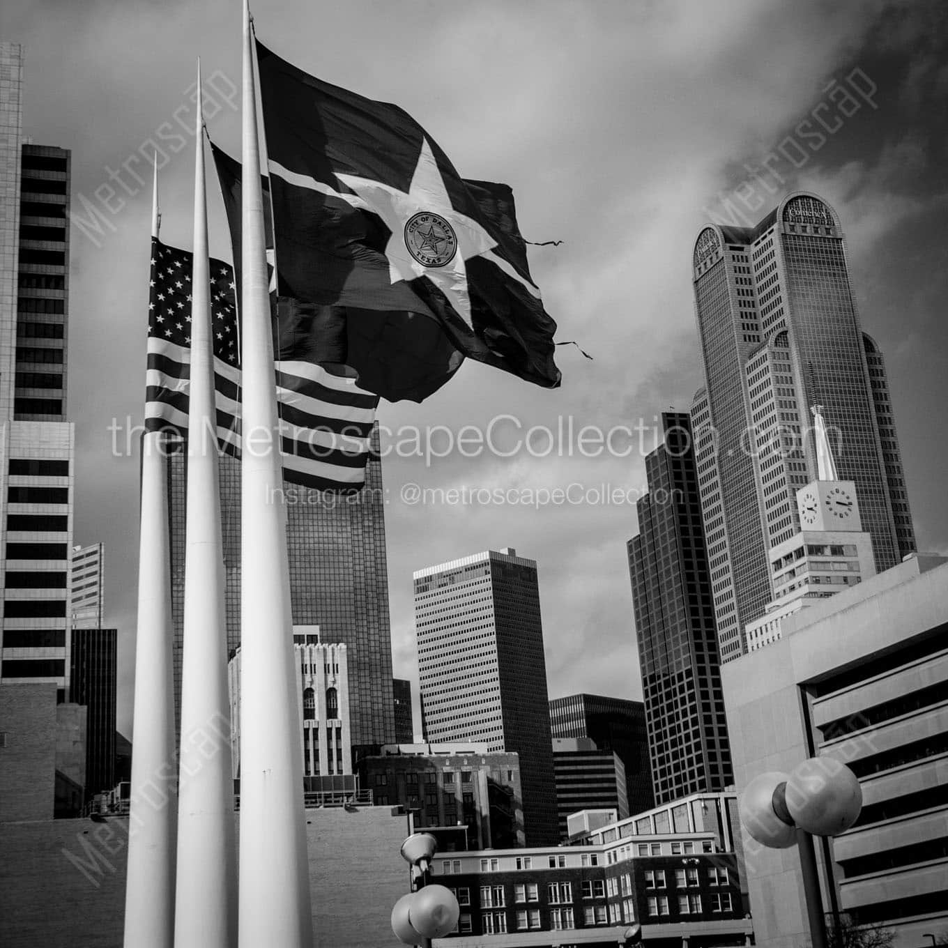 dallas texas and us flag dallas city hall Black & White Wall Art