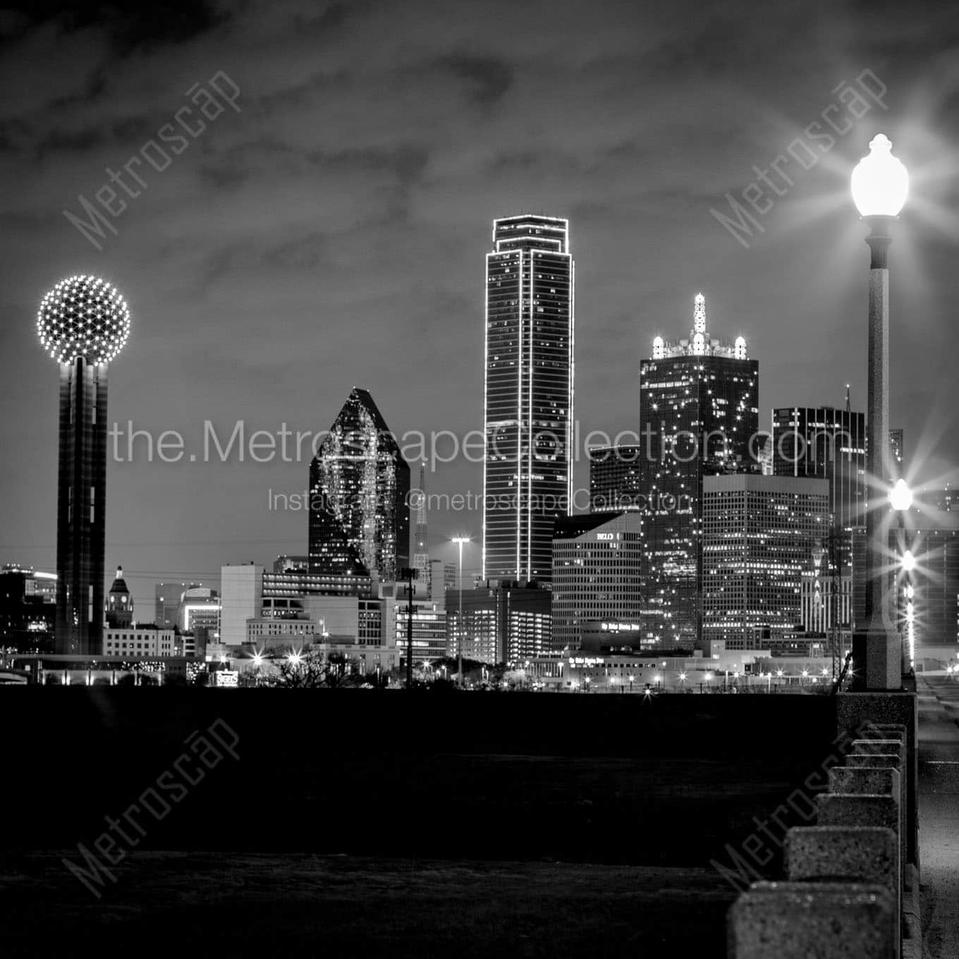dallas texas skyline at night Black & White Wall Art