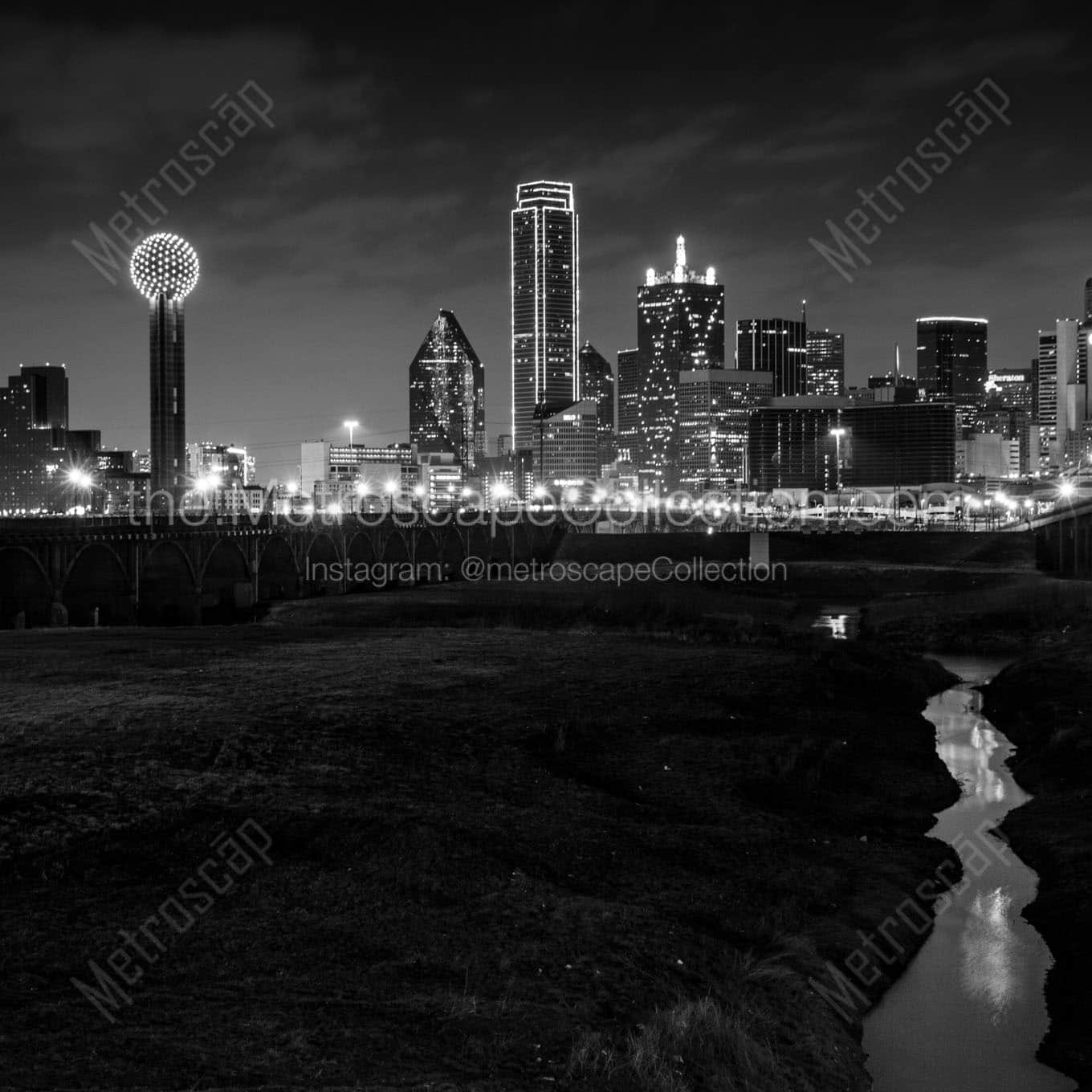 dallas tx skyline trinity river floodplain Black & White Wall Art