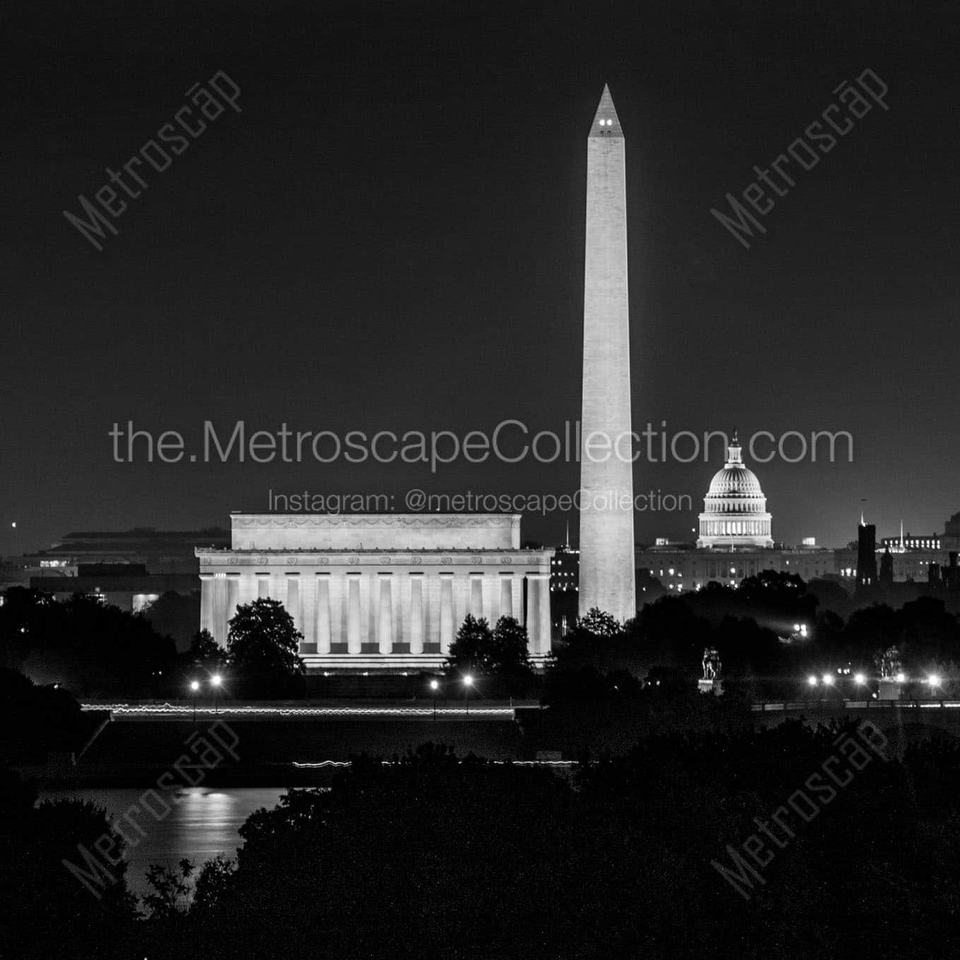 dc skyline at night Black & White Wall Art