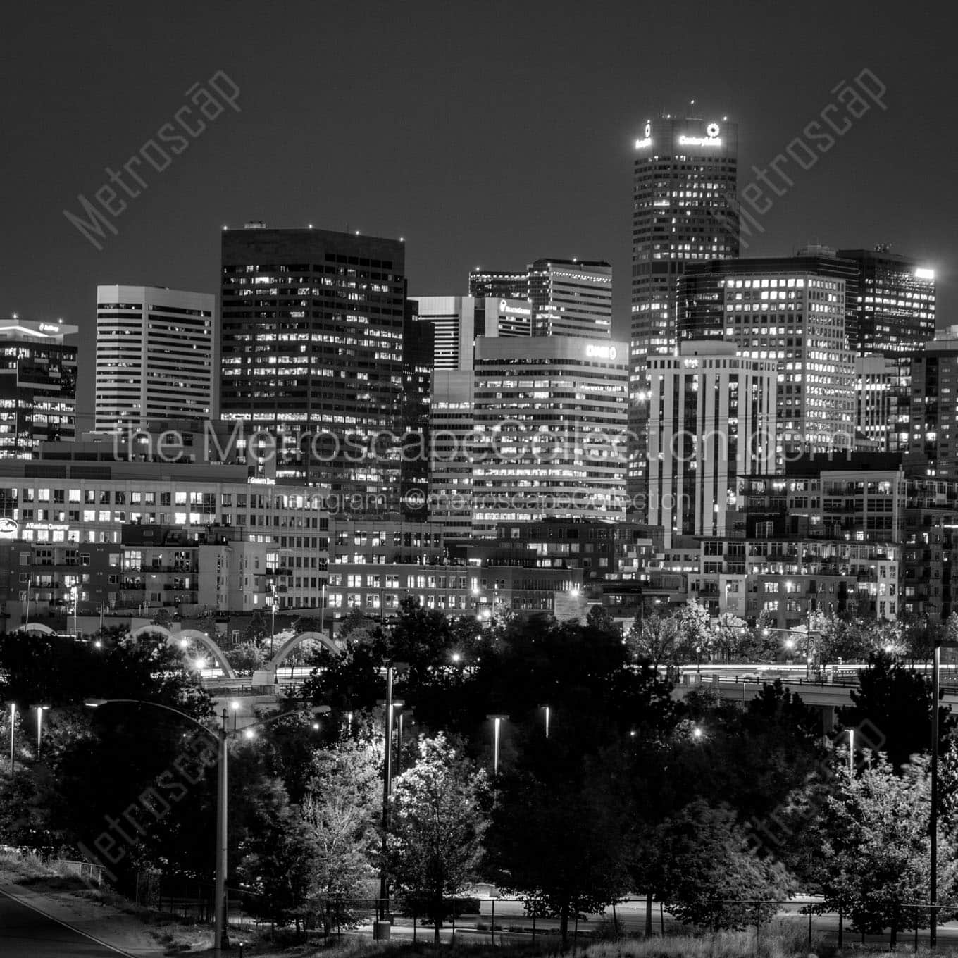 denver skyline at night Black & White Wall Art