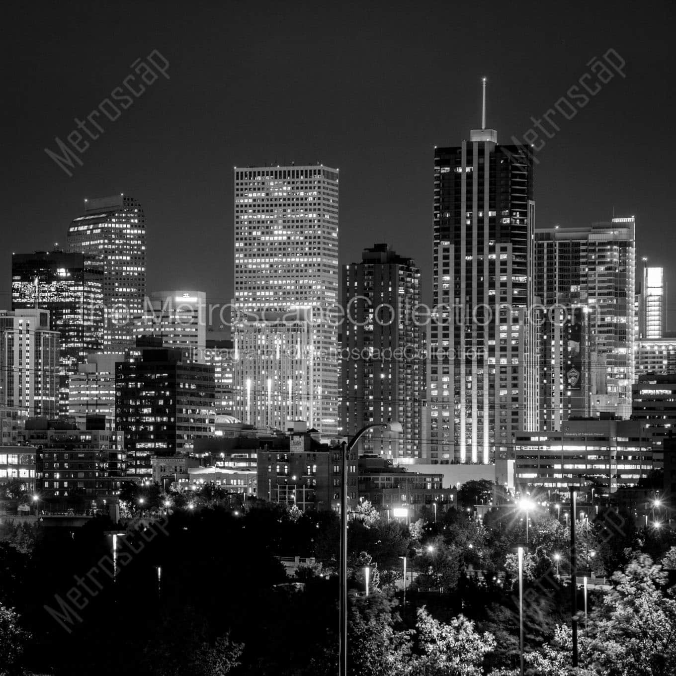 denver skyline at night Black & White Wall Art