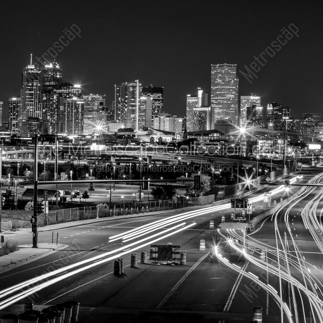 denver skyline at night colfax ave Black & White Wall Art