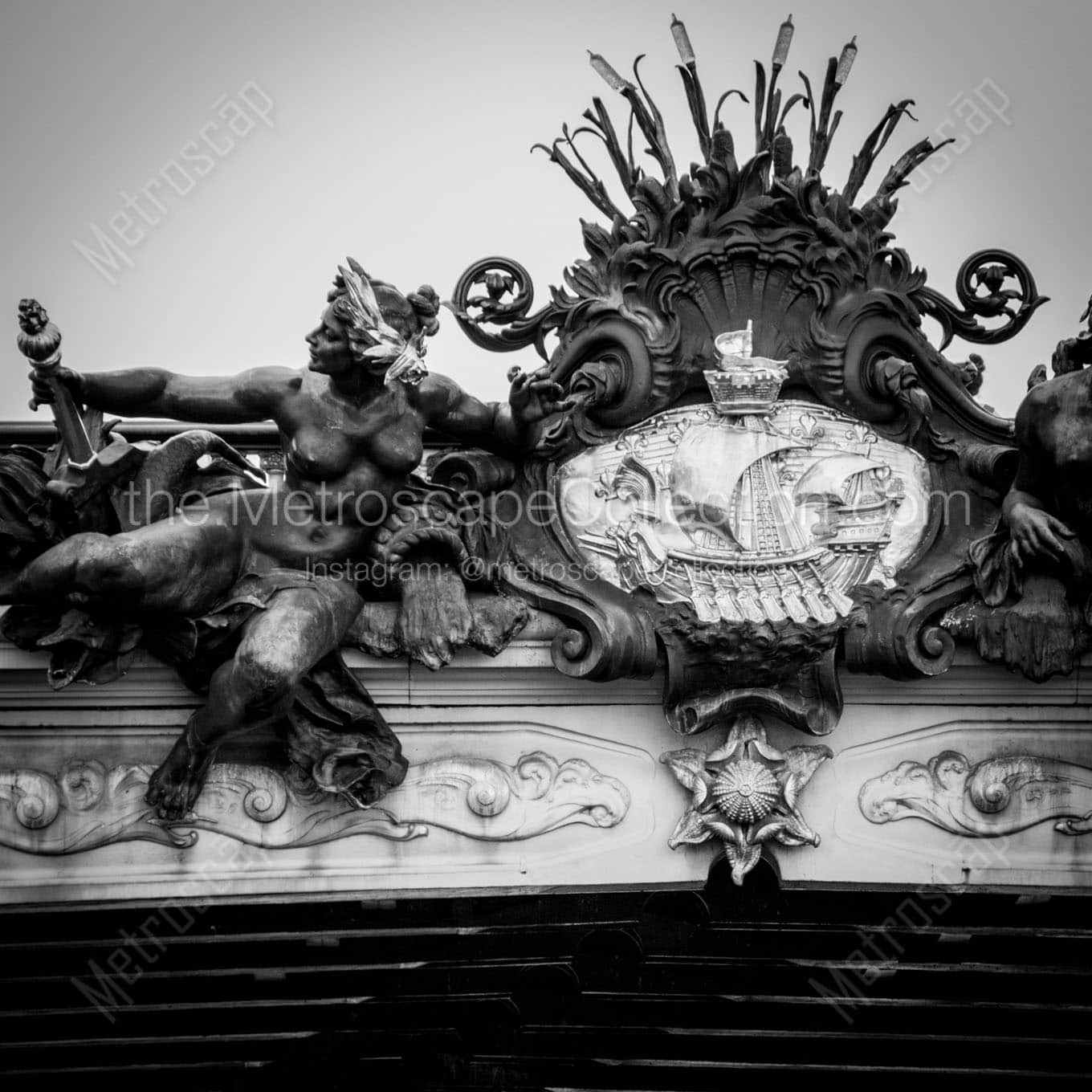 detail on pont alexandre iii bridge Black & White Wall Art