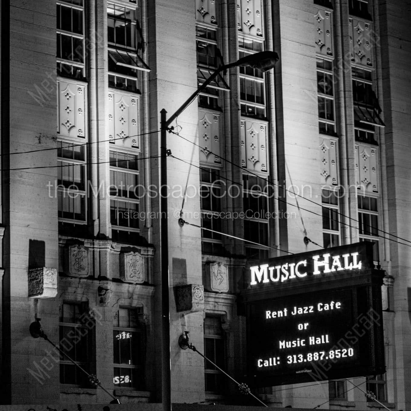 detroit music hall at night Black & White Wall Art