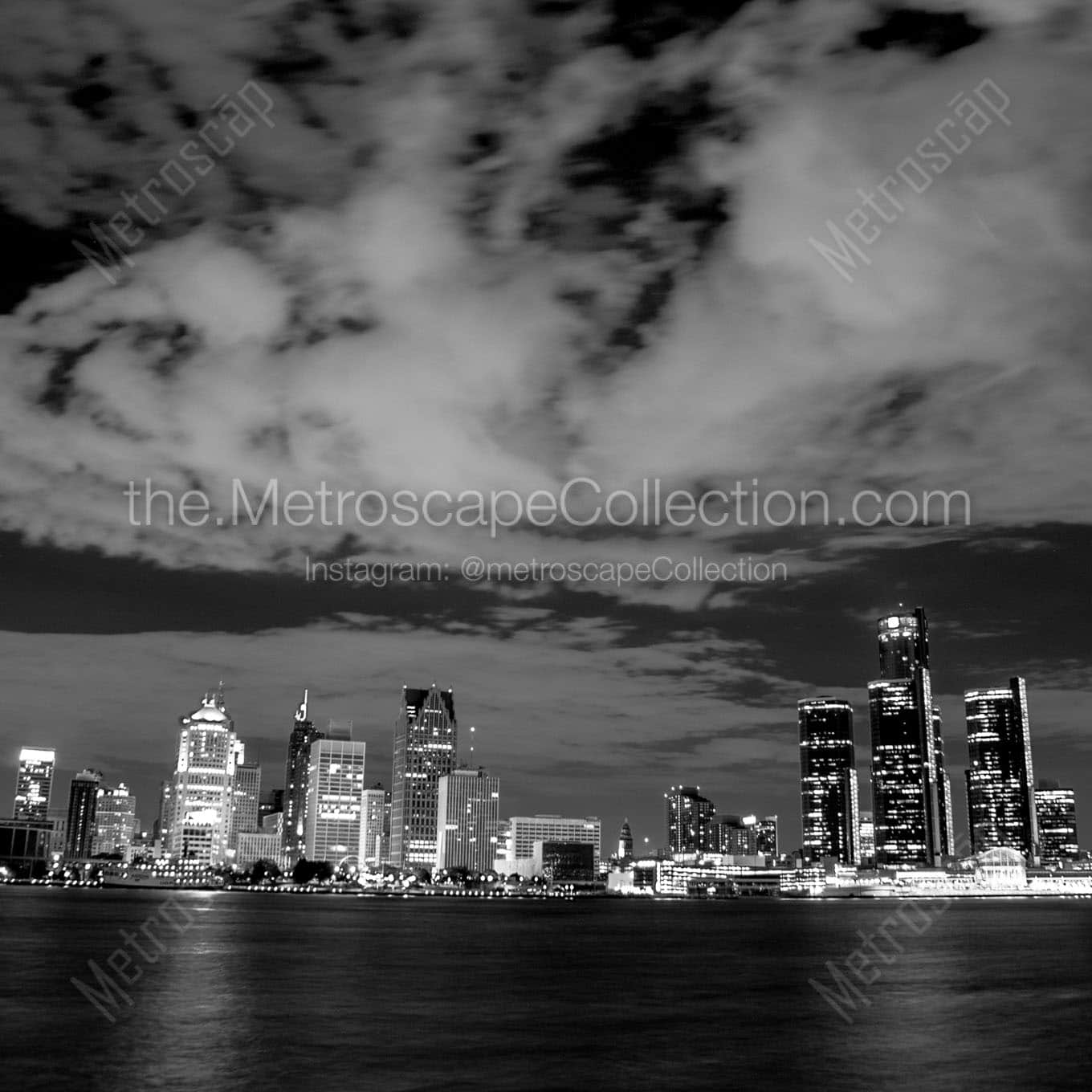 detroit skyline at night Black & White Wall Art
