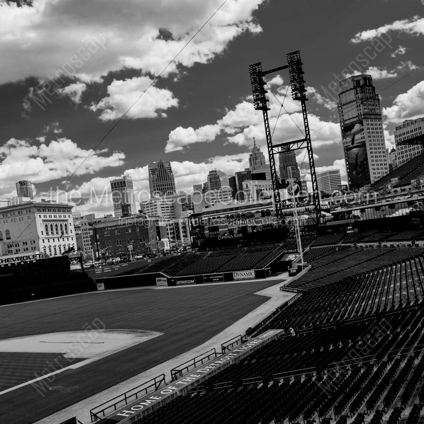 detroit skyline from comerica park Black & White Wall Art