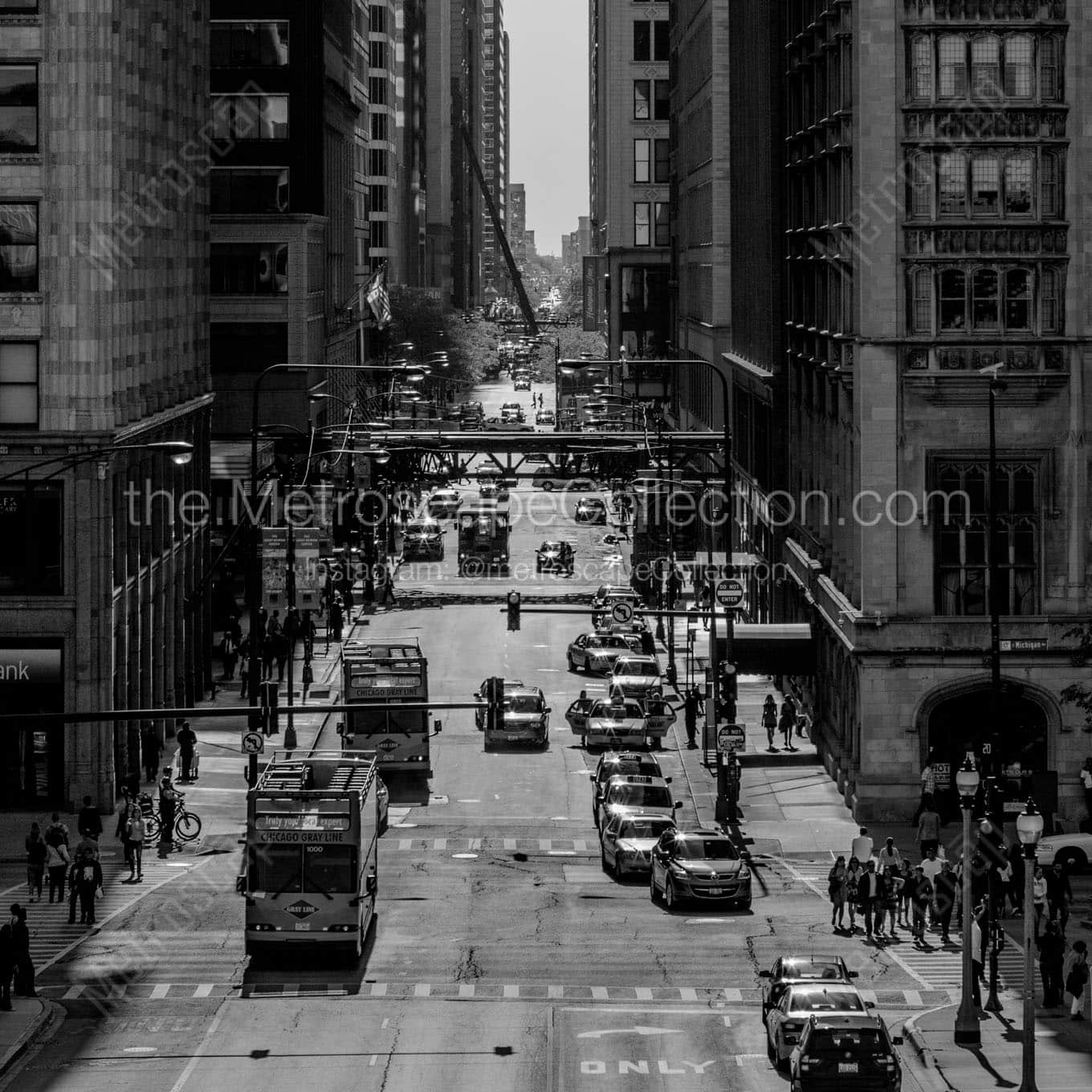 double decker tour buses monroe street Black & White Wall Art